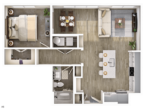 Floor plan for 1 bed, 1 bath, 847 sqft